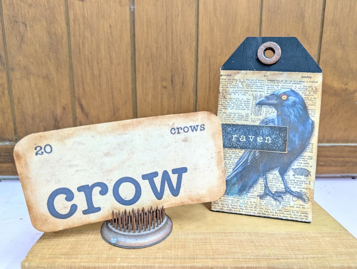 tag with crow or raven and vintage flash card