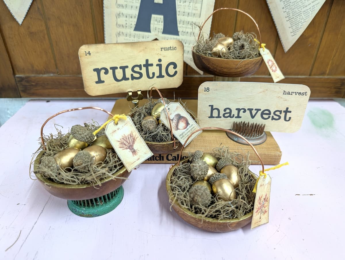 Wood Baskets of acorns vintage flashcards