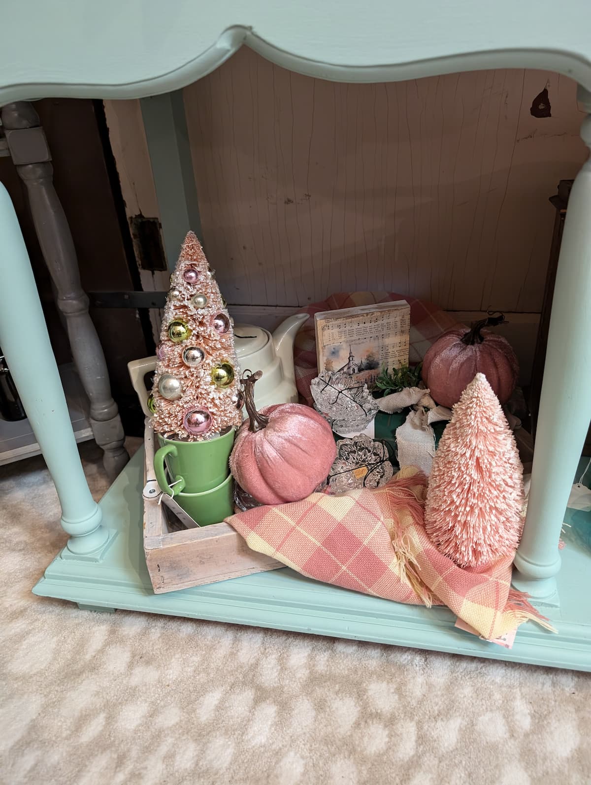 grouping of pink fall and christmas decor