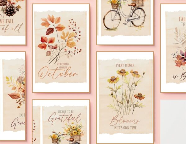 This is a set of six gorgeous Fall And Autumn Inspirational Prints - print to make cards, use in vignettes or in a galley of wall art.