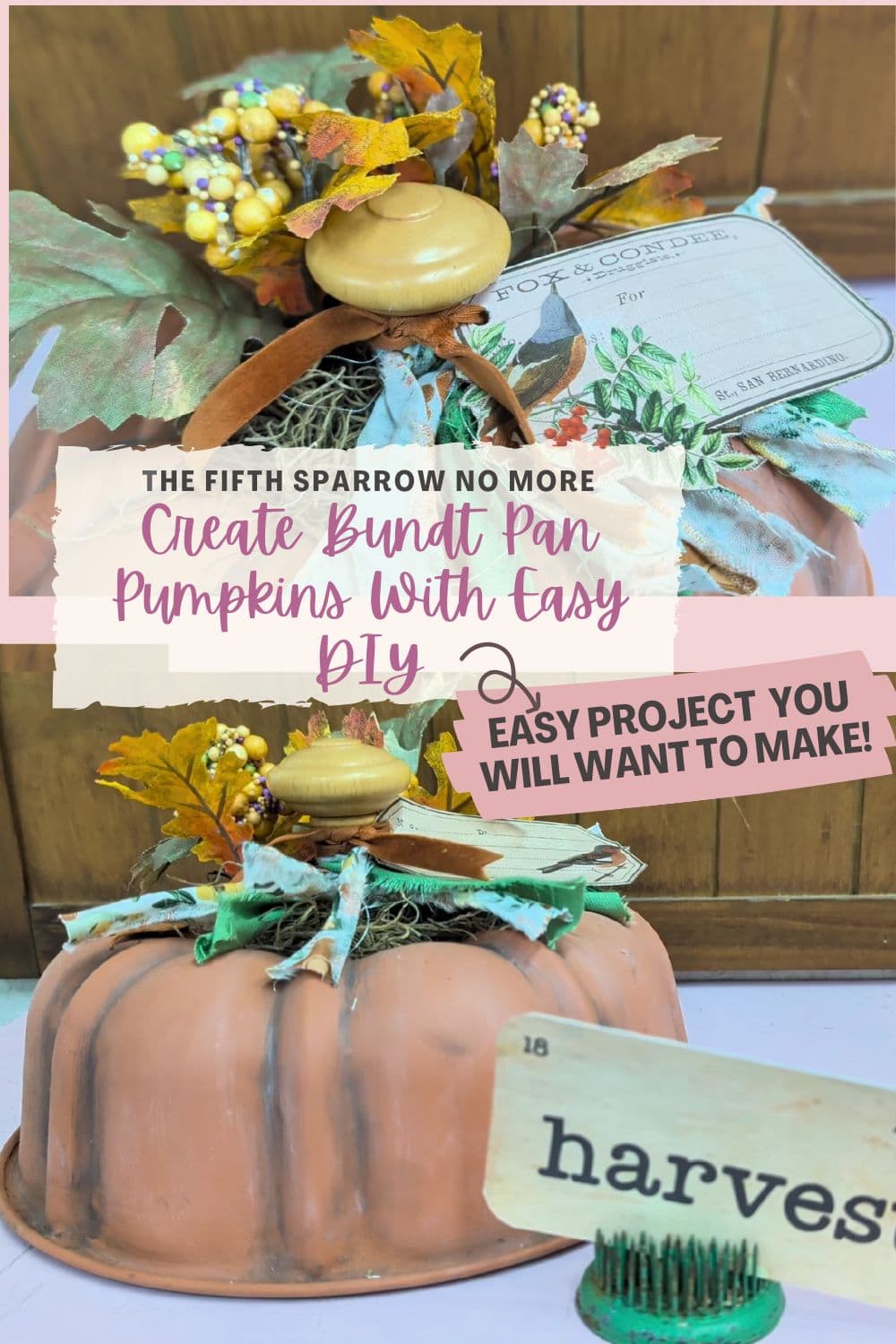 This is an easy pumpkin craft upcycled from a thrifted bundt pan. Paint, add a spindle and greenery to have an adorable pumpkin for fall decor.