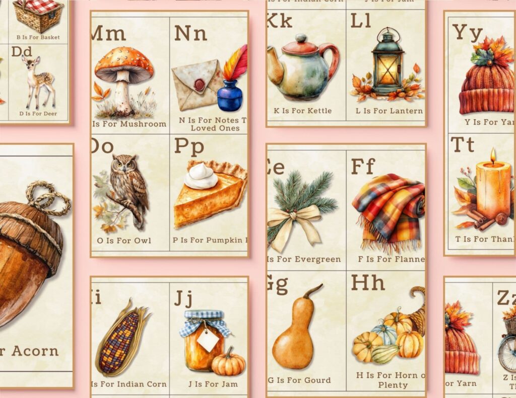 Download your set of printable fall and autumn alphabet cards with beautiful vintage images of items from A - Z. Use in vignettes, gift tags and more.