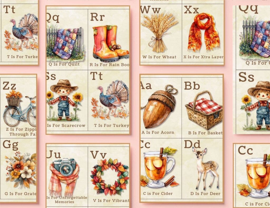 Download your set of printable fall and autumn alphabet cards with beautiful vintage images of items from A - Z. Use in vignettes, gift tags and more.