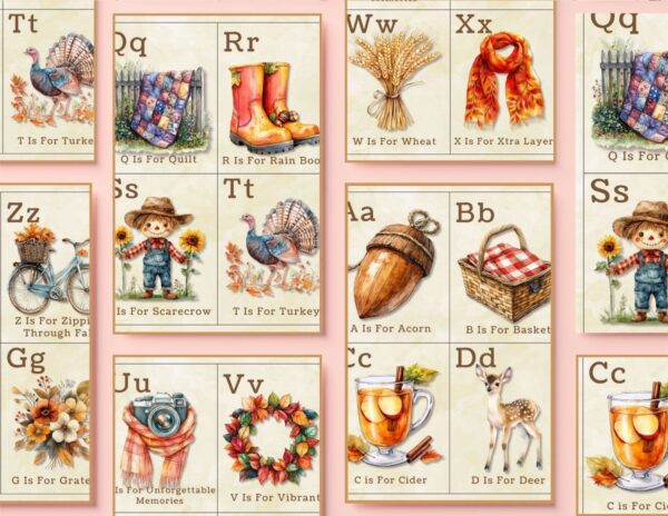 Download your set of printable fall and autumn alphabet cards with beautiful vintage images of items from A - Z. Use in vignettes, gift tags and more.