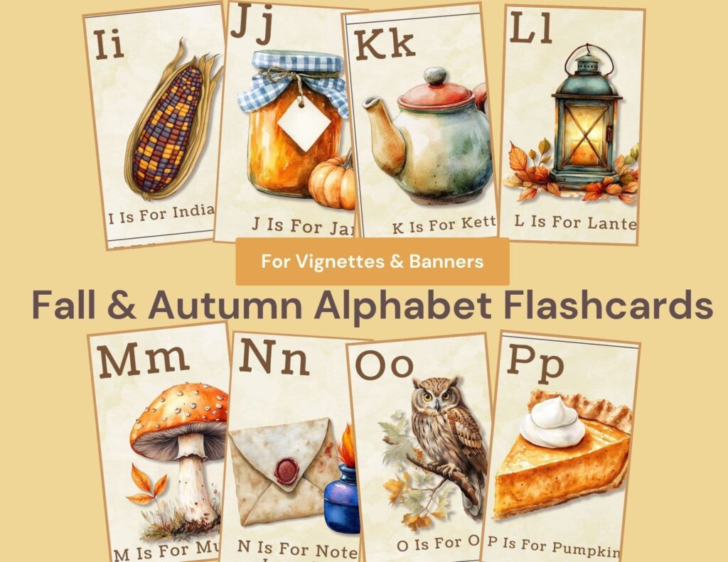 Download your set of printable fall and autumn alphabet cards with beautiful vintage images of items from A - Z. Use in vignettes, gift tags and more.
