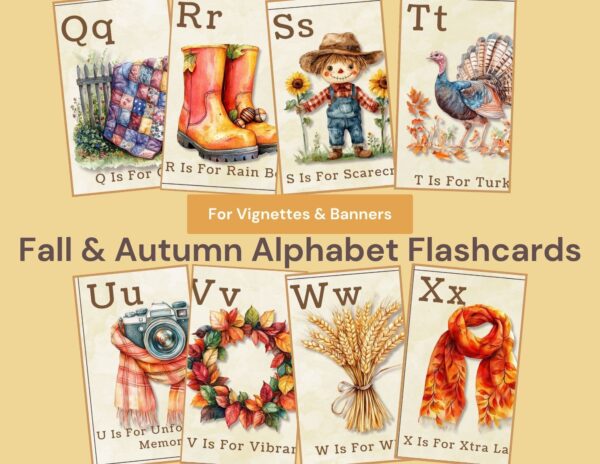 Download your set of printable fall and autumn alphabet cards with beautiful vintage images of items from A - Z. Use in vignettes, gift tags and more.