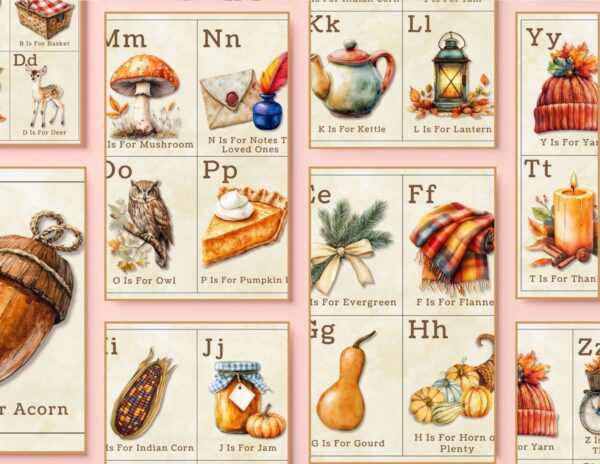 Download your set of printable fall and autumn alphabet cards with beautiful vintage images of items from A - Z. Use in vignettes, gift tags and more.