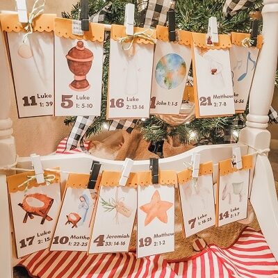 Repurposed mirror stand hanger with Christmas Story Advent Calendar Printable