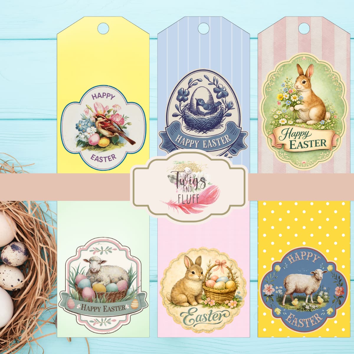 tags with bunnies, sheep, birds