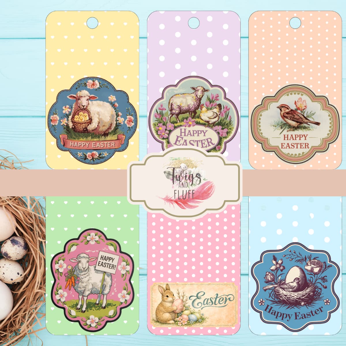 tags with bunnies, sheep, birds