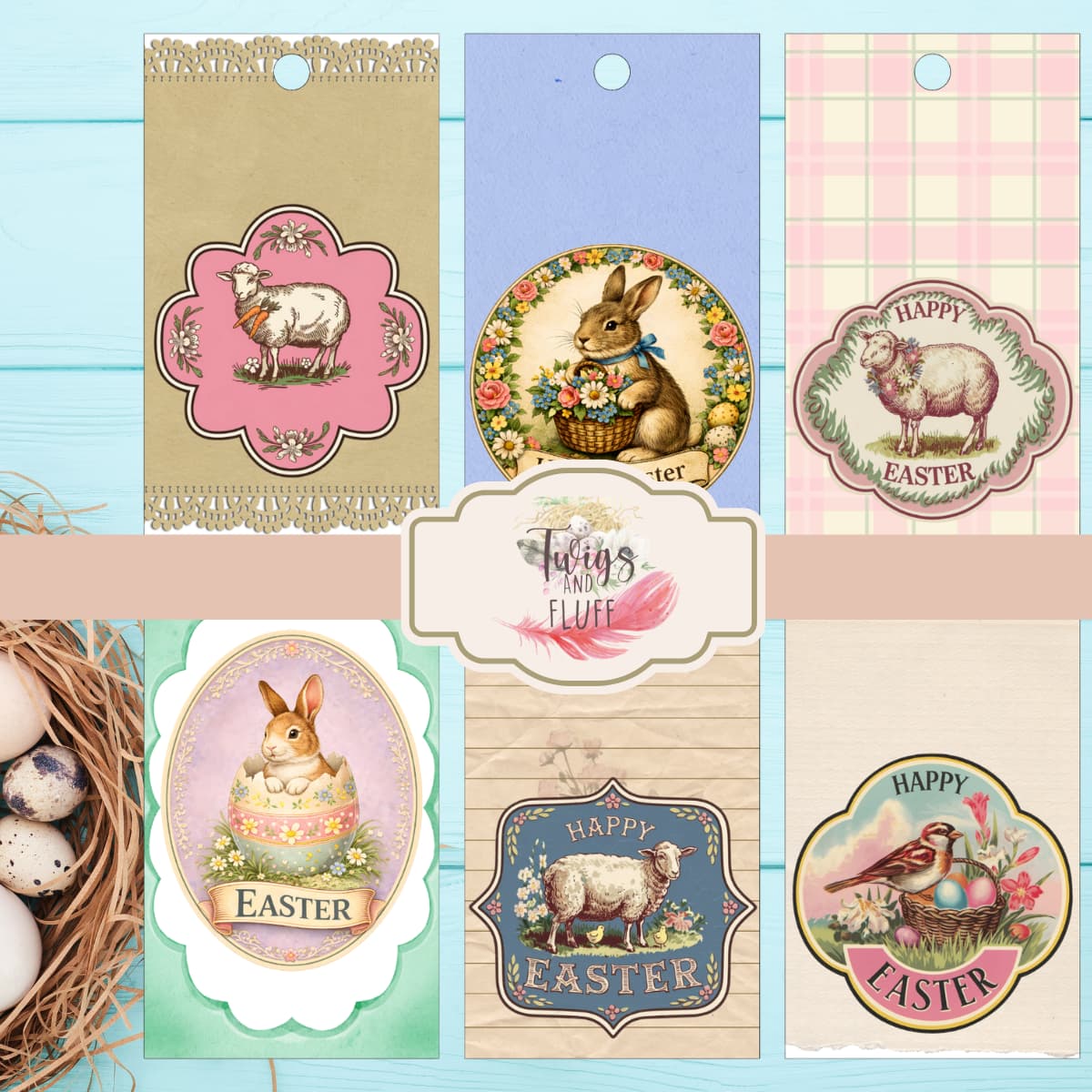 tags with bunnies, sheep, birds