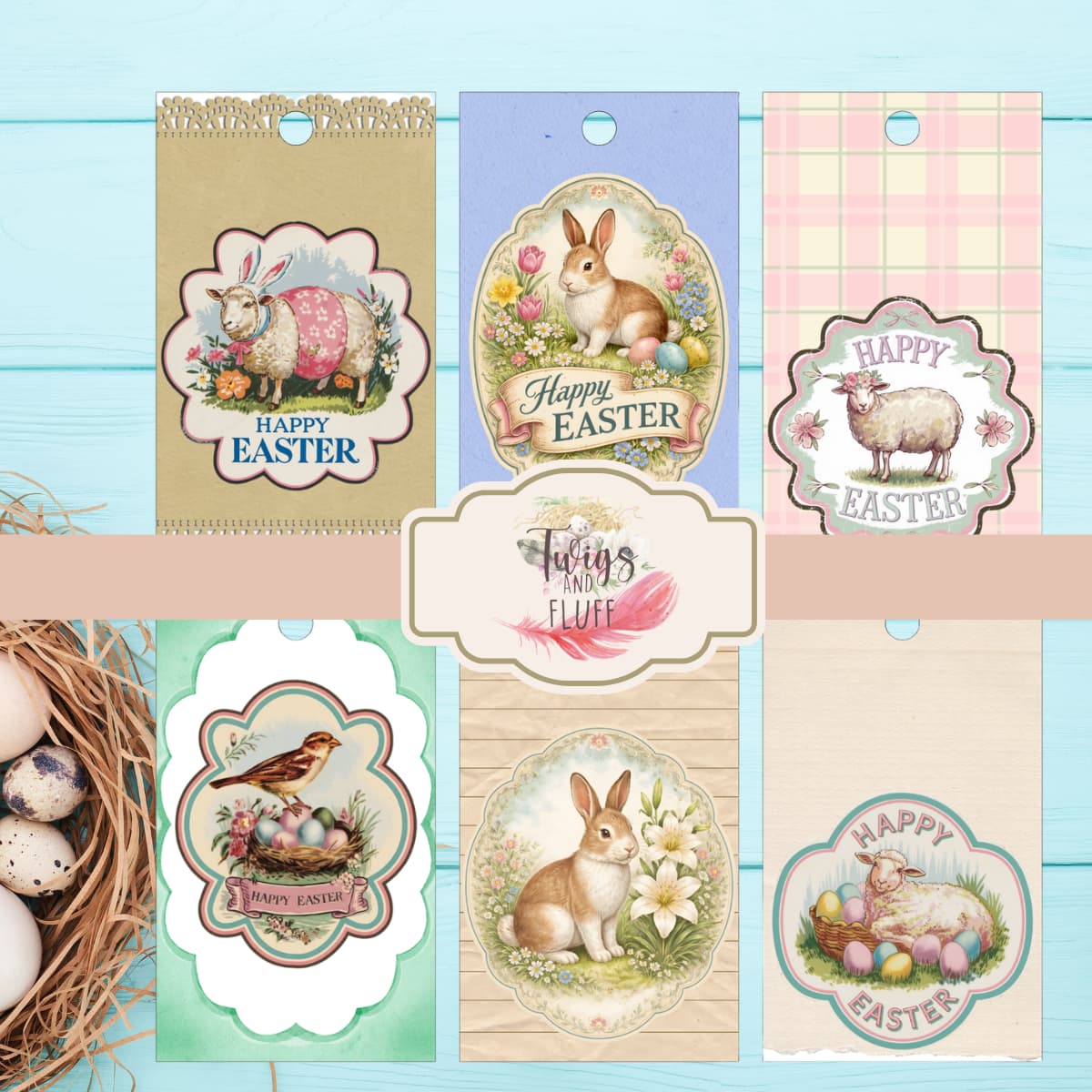 tags with bunnies, sheep, birds