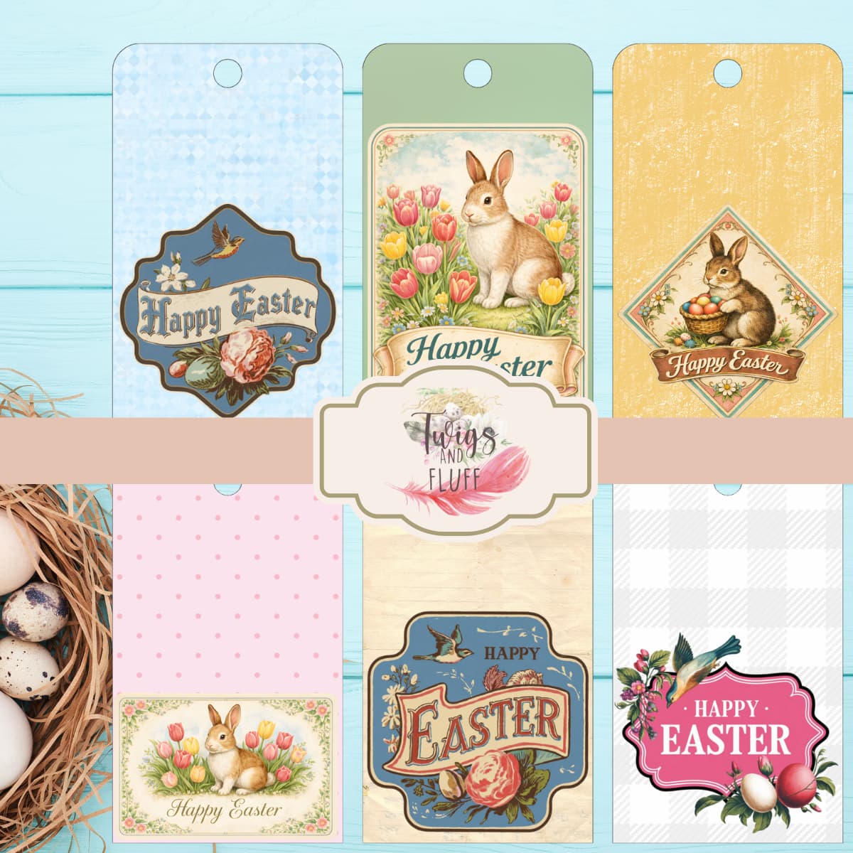 tags with bunnies, sheep, birds