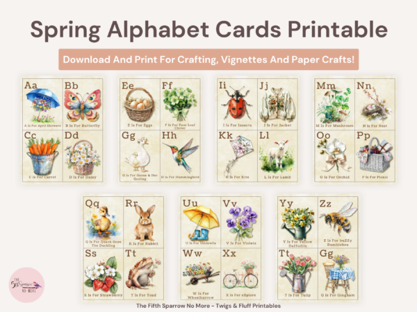 Each card features a letter of the alphabet paired with delicate spring imagery