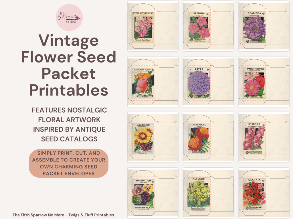 Bring a touch of vintage garden charm to your crafting with this beautiful set of printable flower seed packet envelopes. Designed with authentic vintage-style illustrations, these printable packets are perfect for junk journaling, paper crafting, scrapbooking, and cottagecore home decor.