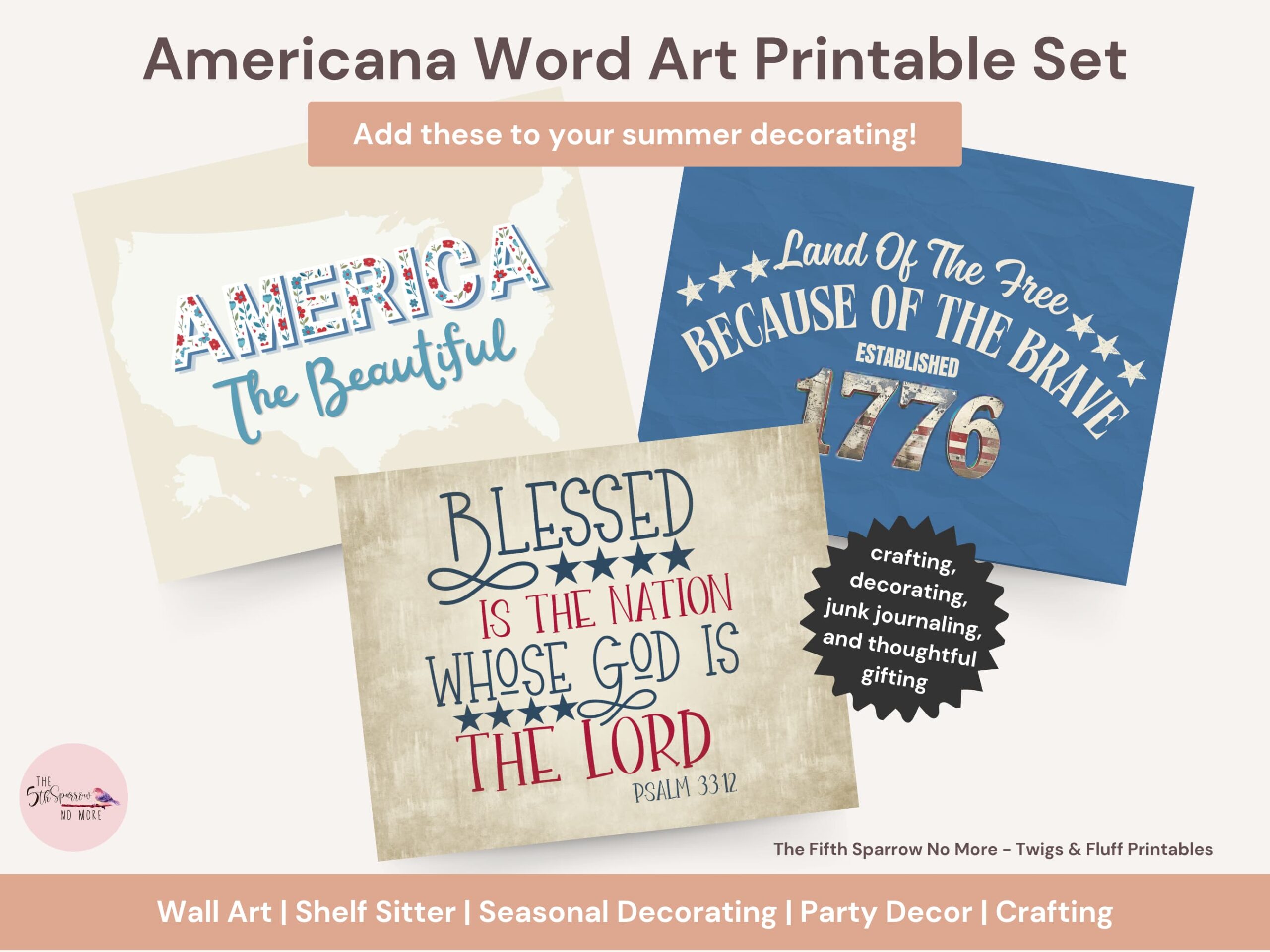 Americana word art printable set with patriotic farmhouse wall decor in red white and blue