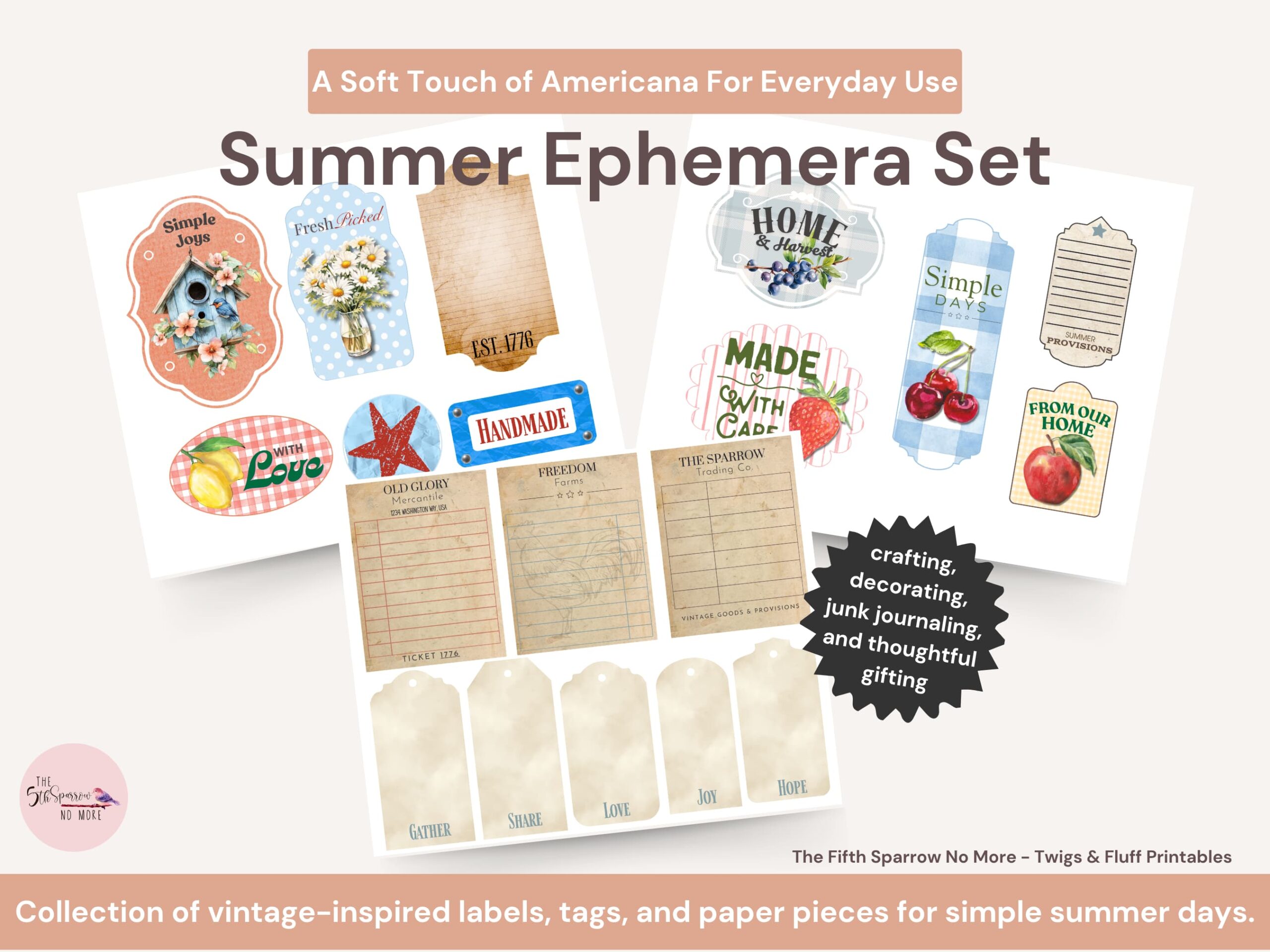 Vintage Americana ephemera printable set with summer labels, tags, and journal cards in farmhouse style