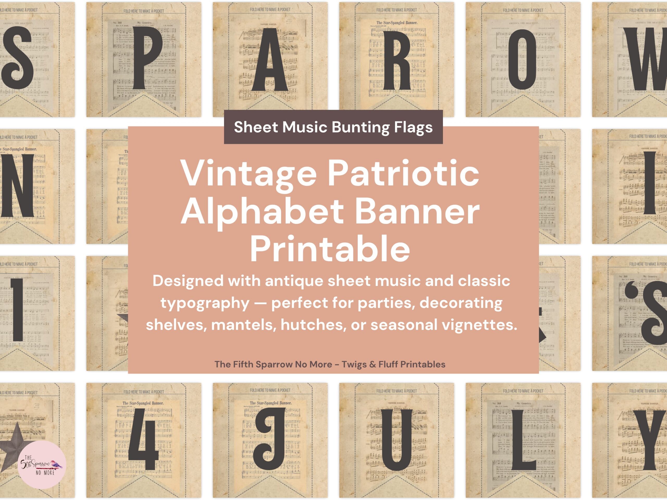 Vintage patriotic alphabet banner printable mockup with sheet music flags, farmhouse Americana bunting decor