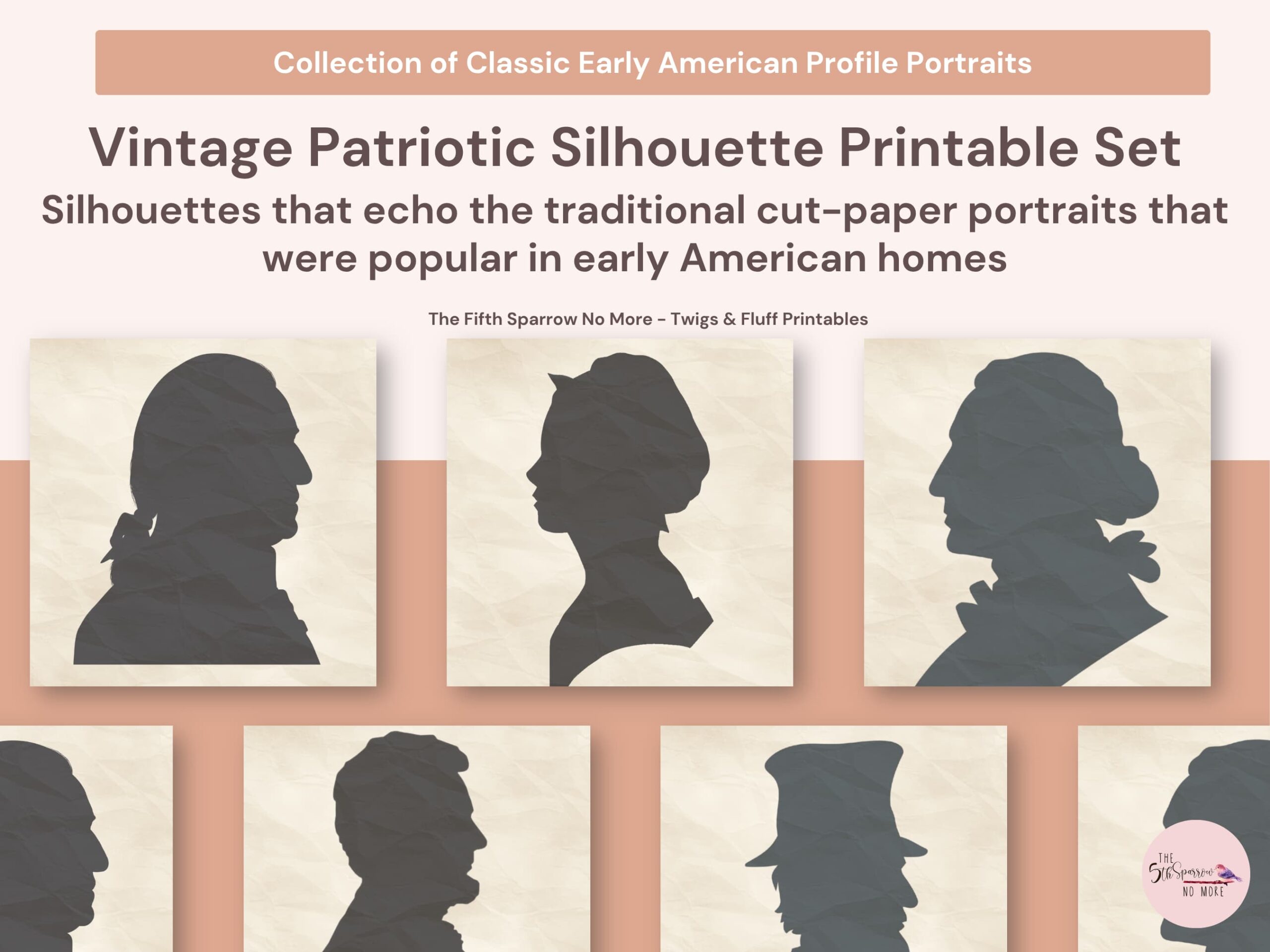 Vintage patriotic silhouette printable set featuring Abraham Lincoln, George Washington, and Betsy Ross