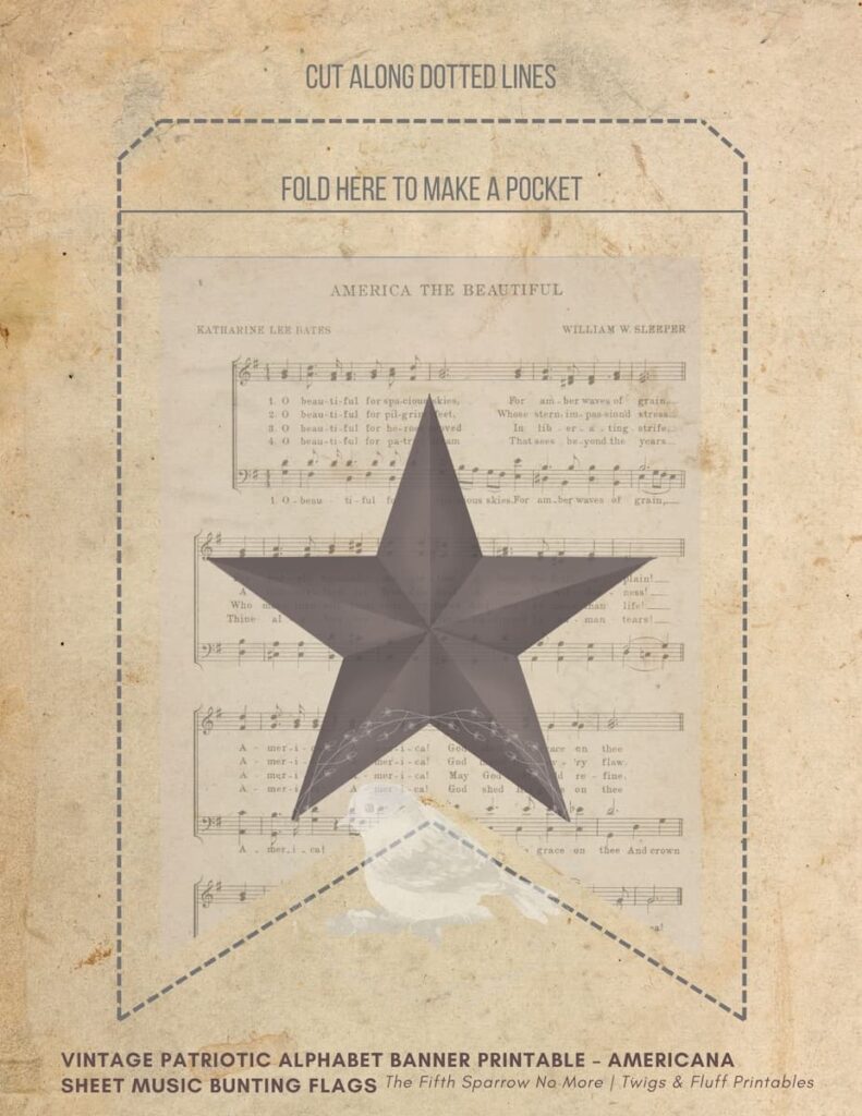 Vintage patriotic alphabet banner printable mockup with sheet music flags, farmhouse Americana bunting decor