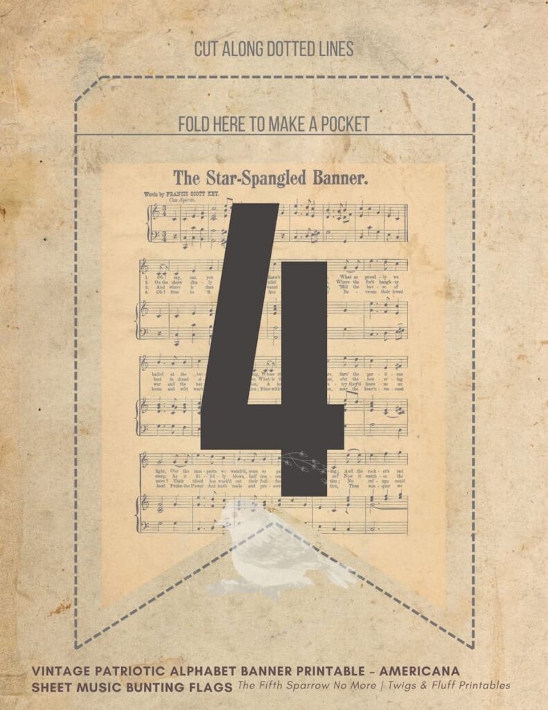 Vintage patriotic alphabet banner printable mockup with sheet music flags, farmhouse Americana bunting decor