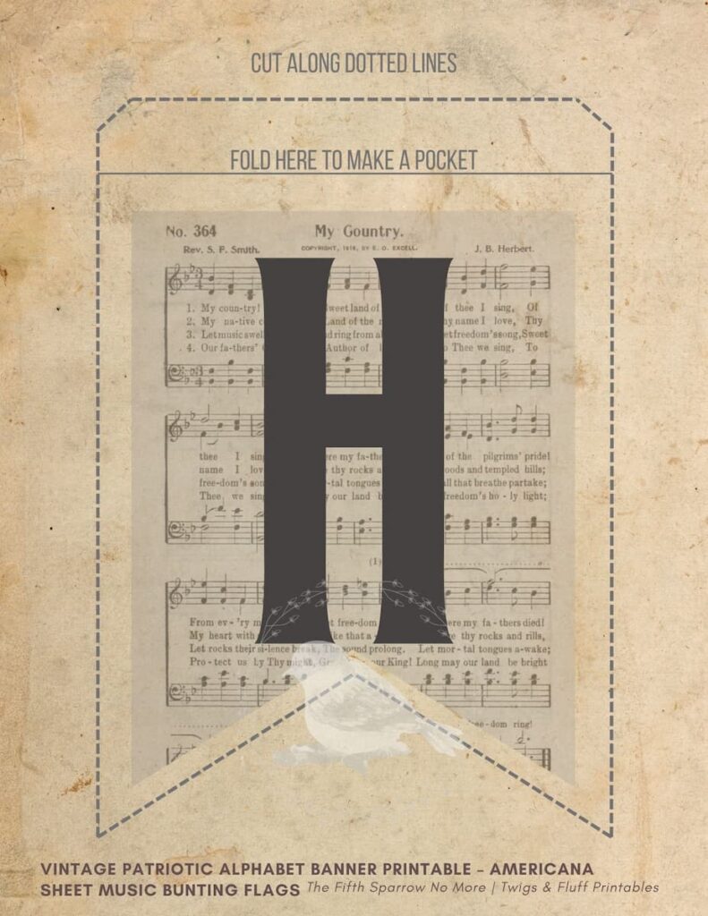 Vintage patriotic alphabet banner printable mockup with sheet music flags, farmhouse Americana bunting decor