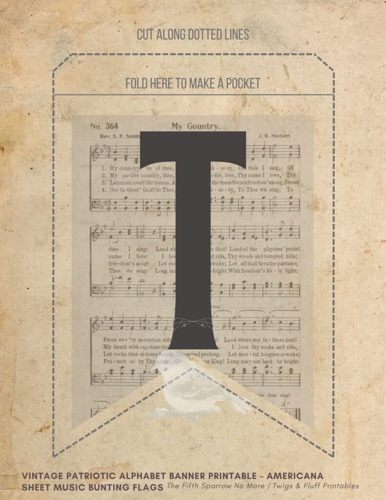 Vintage patriotic alphabet banner printable mockup with sheet music flags, farmhouse Americana bunting decor