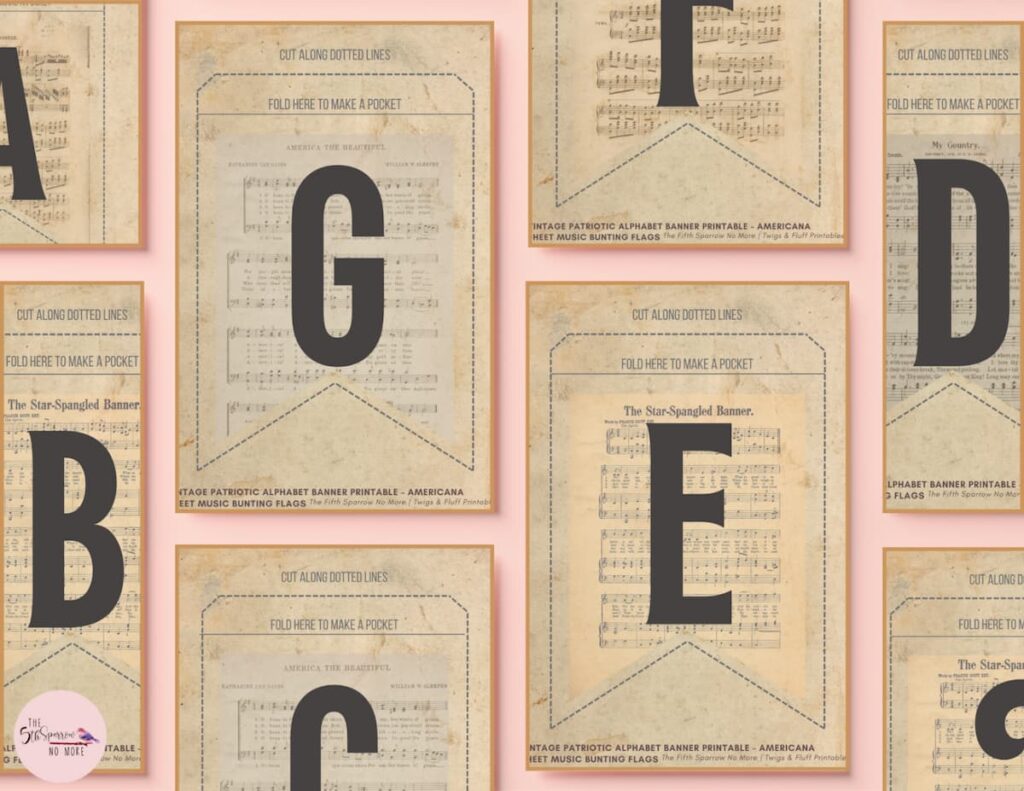 Vintage patriotic alphabet banner printable mockup with sheet music flags, farmhouse Americana bunting decor