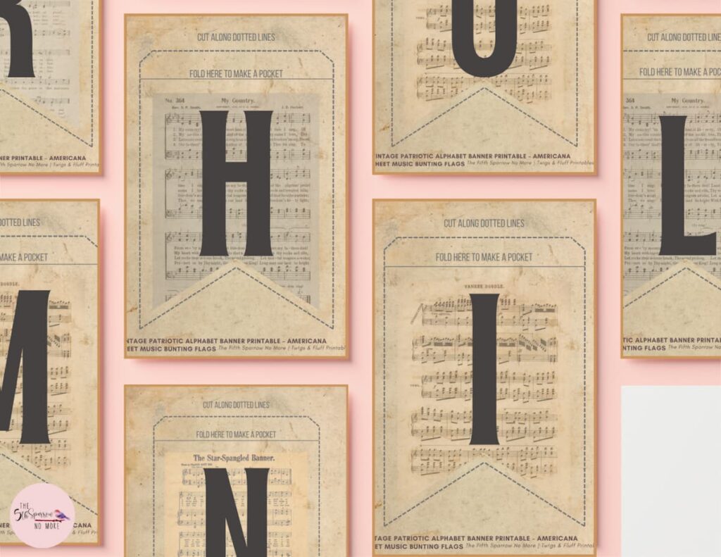 Vintage patriotic alphabet banner printable mockup with sheet music flags, farmhouse Americana bunting decor