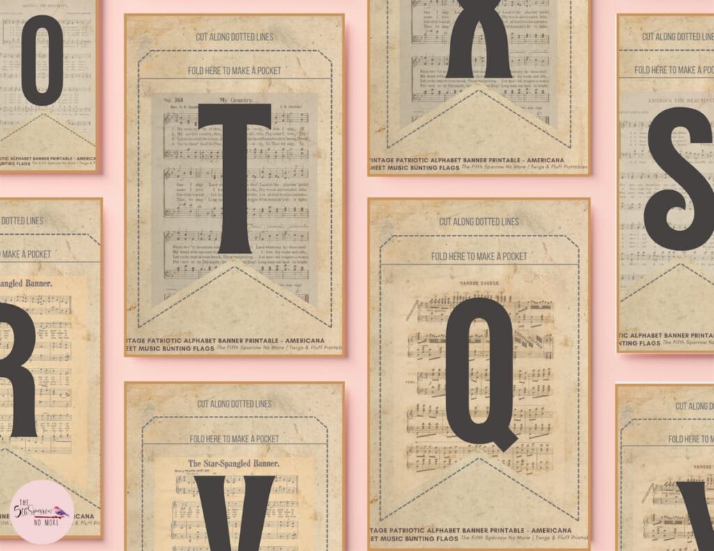 Vintage patriotic alphabet banner printable mockup with sheet music flags, farmhouse Americana bunting decor