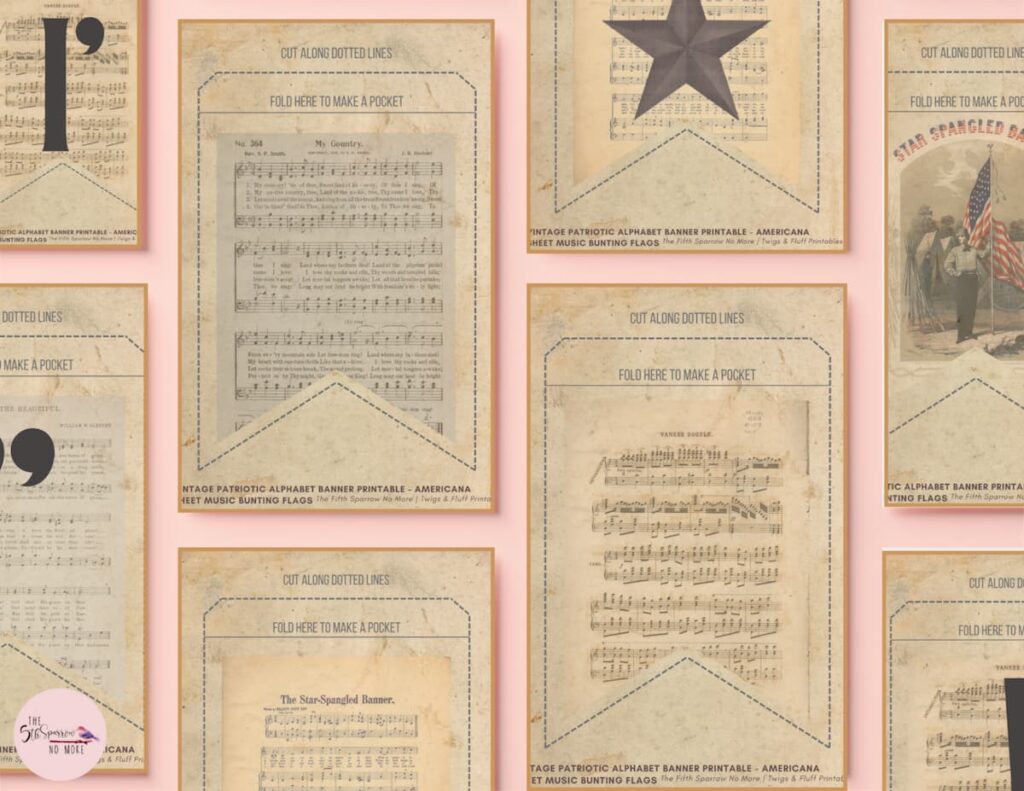 Vintage patriotic alphabet banner printable mockup with sheet music flags, farmhouse Americana bunting decor