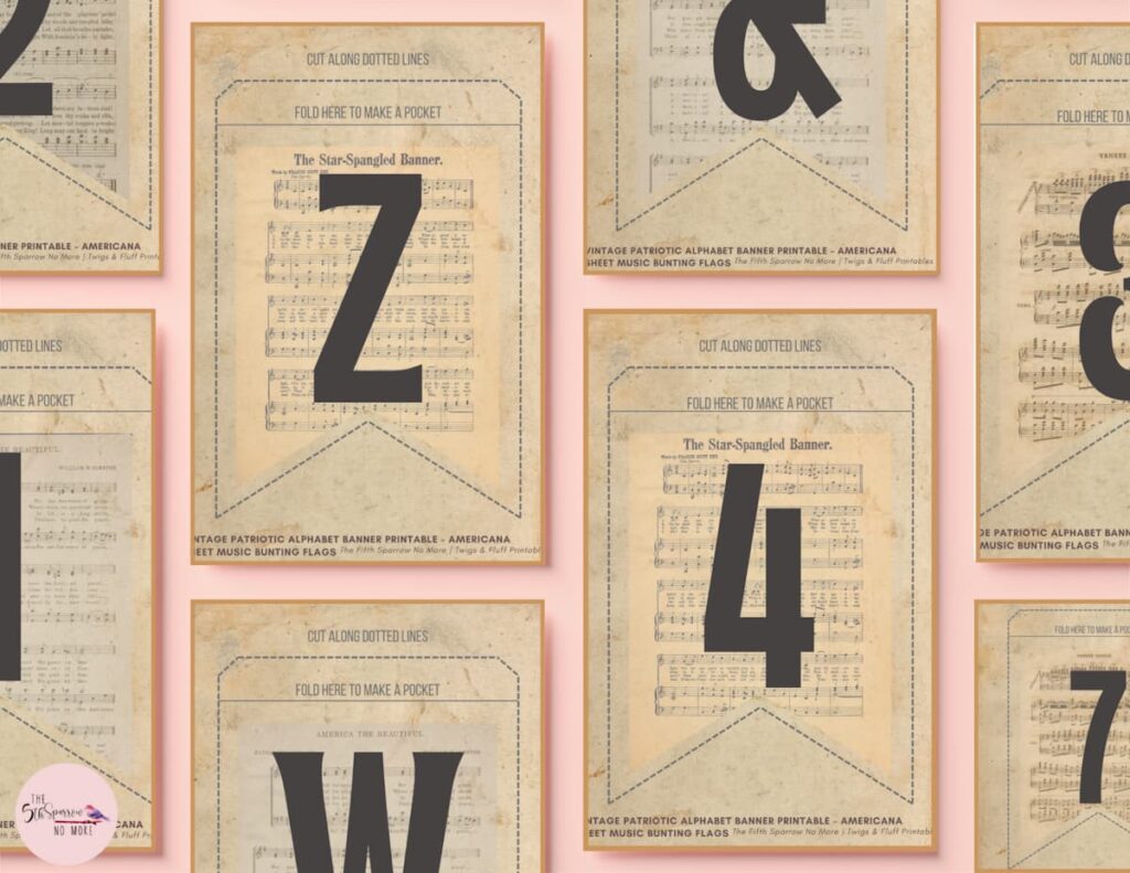 Vintage patriotic alphabet banner printable mockup with sheet music flags, farmhouse Americana bunting decor
