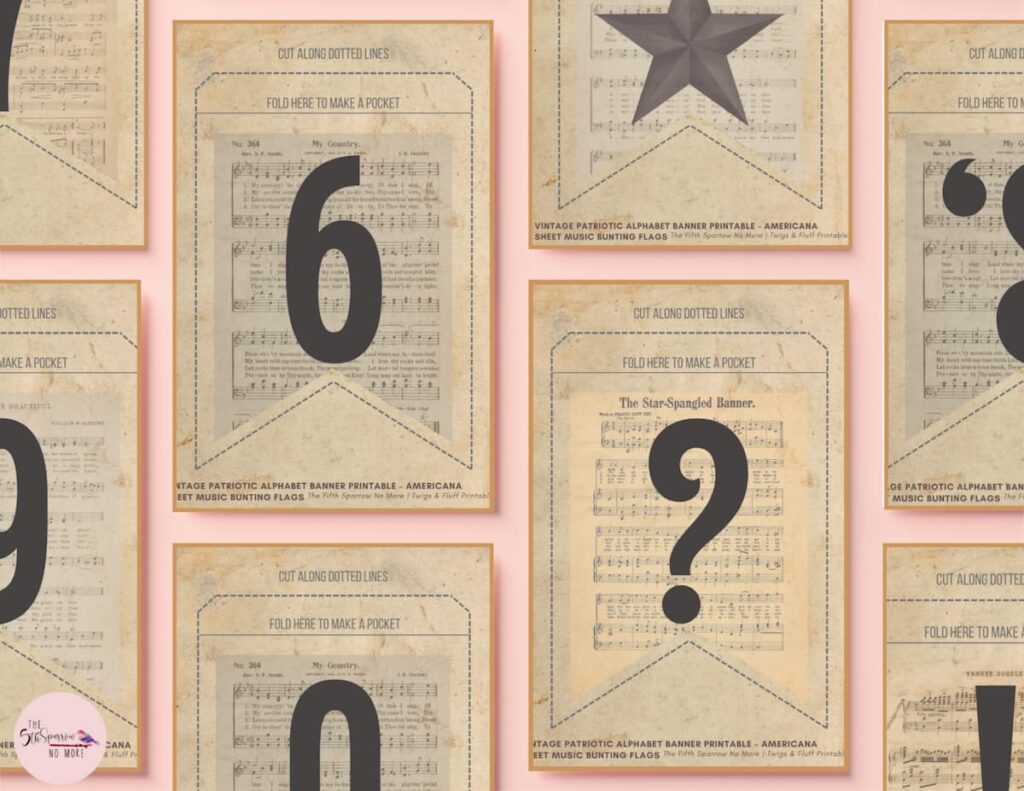 Vintage patriotic alphabet banner printable mockup with sheet music flags, farmhouse Americana bunting decor