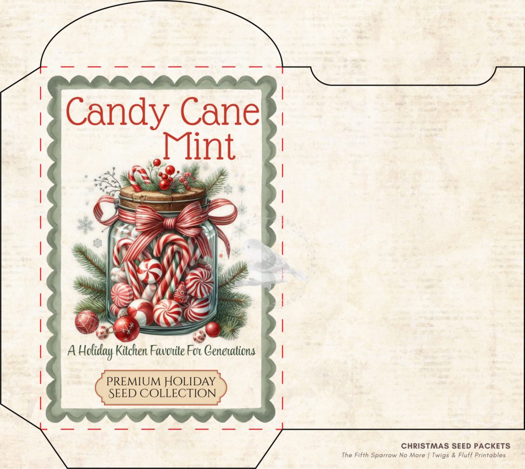 Vintage Christmas seed packet printable set featuring Candy Cane Mint, Christmas Wish Blossoms, North Pole Evergreen Seeds, Reindeer Meadow Clover, and Santa's Magic Snowflakes for holiday crafts and junk journals.