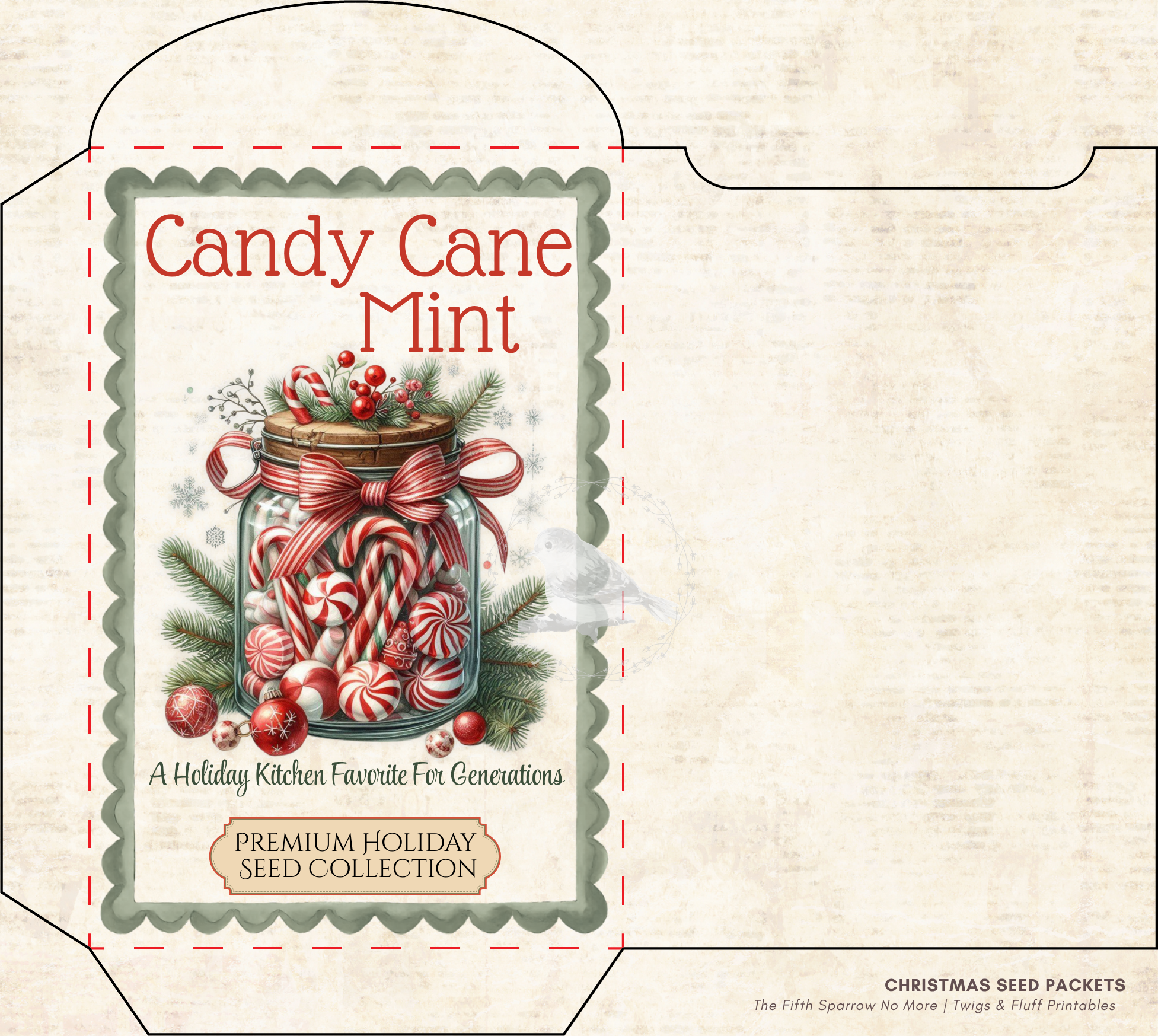 Vintage Christmas seed packet printable set featuring Candy Cane Mint, Christmas Wish Blossoms, North Pole Evergreen Seeds, Reindeer Meadow Clover, and Santa's Magic Snowflakes for holiday crafts and junk journals.