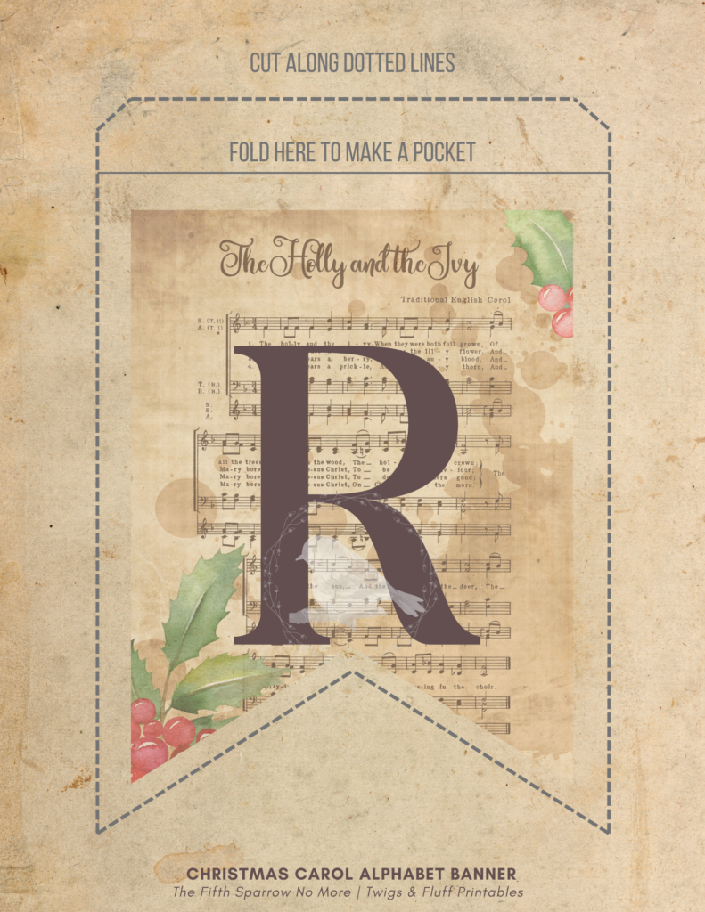 Printable Christmas Carol alphabet banner with pocket pennants featuring Christmas hymn sheet music, botanical artwork, letters A-Z, numbers, and punctuation.