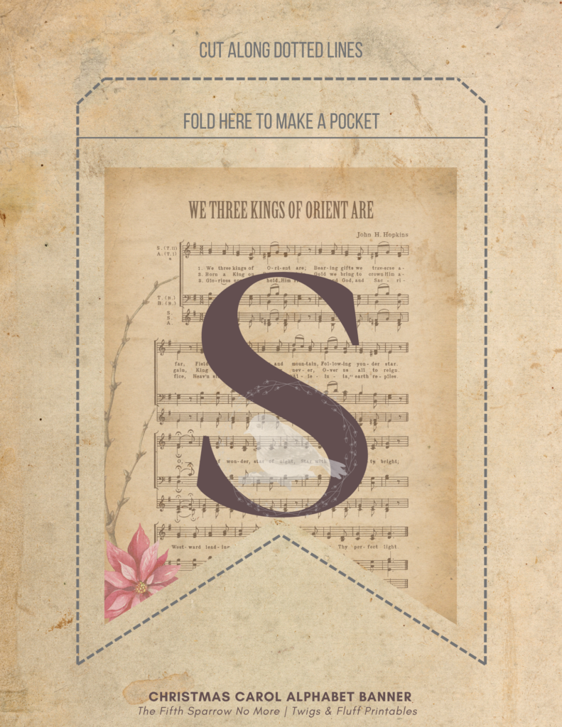 Printable Christmas Carol alphabet banner with pocket pennants featuring Christmas hymn sheet music, botanical artwork, letters A-Z, numbers, and punctuation.