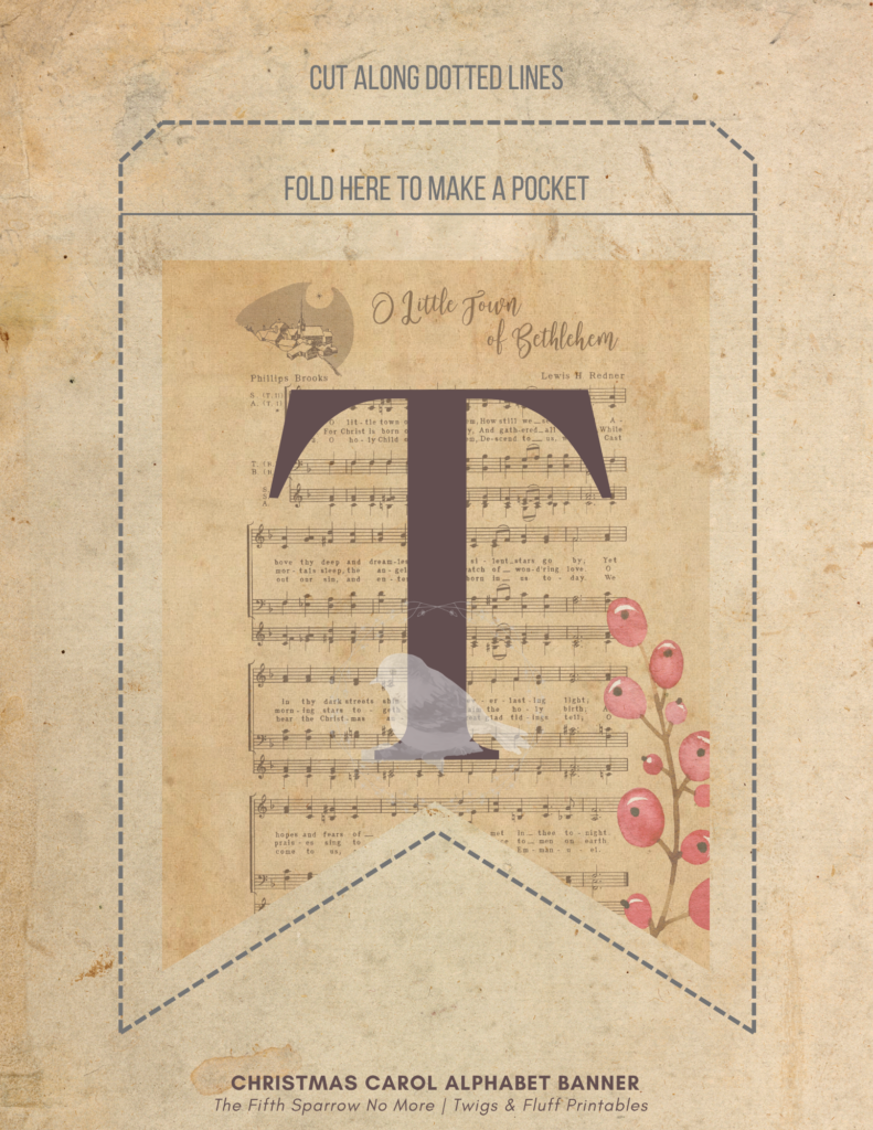 Printable Christmas Carol alphabet banner with pocket pennants featuring Christmas hymn sheet music, botanical artwork, letters A-Z, numbers, and punctuation.