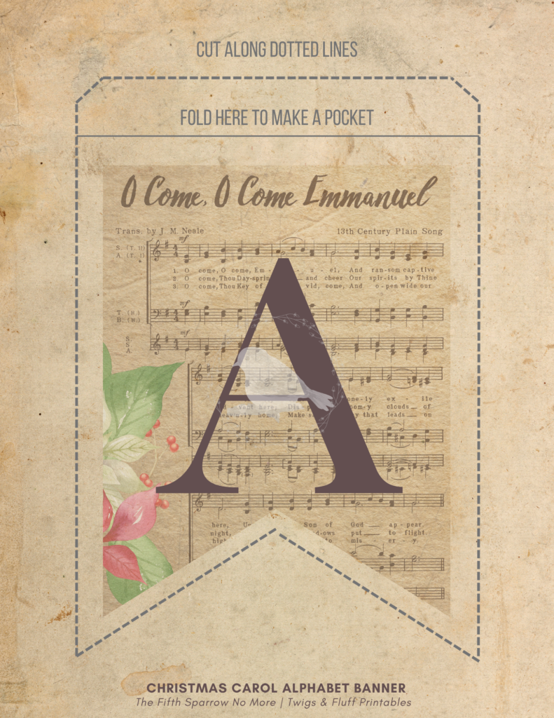 Printable Christmas Carol alphabet banner with pocket pennants featuring Christmas hymn sheet music, botanical artwork, letters A-Z, numbers, and punctuation.