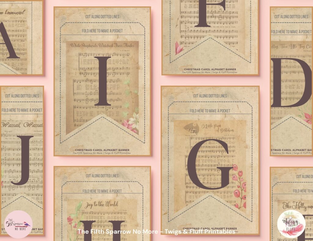 Printable Christmas Carol alphabet banner with pocket pennants featuring Christmas hymn sheet music, botanical artwork, letters A-Z, numbers, and punctuation.