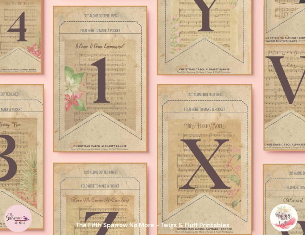 Printable Christmas Carol alphabet banner with pocket pennants featuring Christmas hymn sheet music, botanical artwork, letters A-Z, numbers, and punctuation.