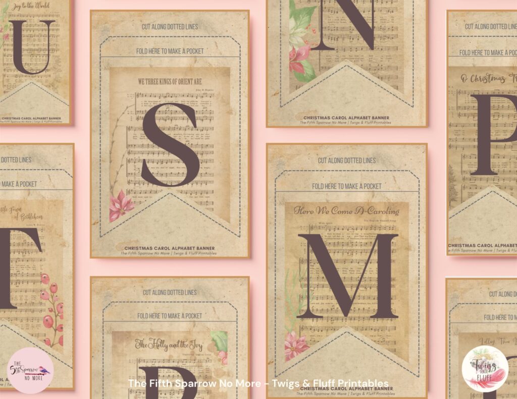 Printable Christmas Carol alphabet banner with pocket pennants featuring Christmas hymn sheet music, botanical artwork, letters A-Z, numbers, and punctuation.