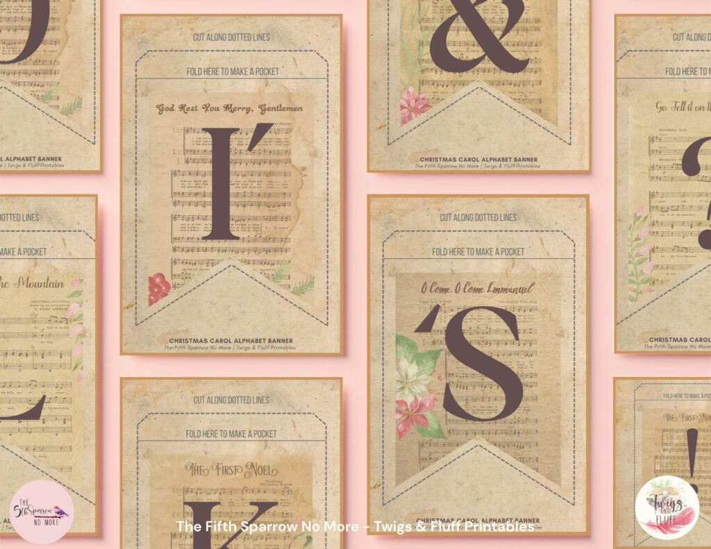 Printable Christmas Carol alphabet banner with pocket pennants featuring Christmas hymn sheet music, botanical artwork, letters A-Z, numbers, and punctuation.