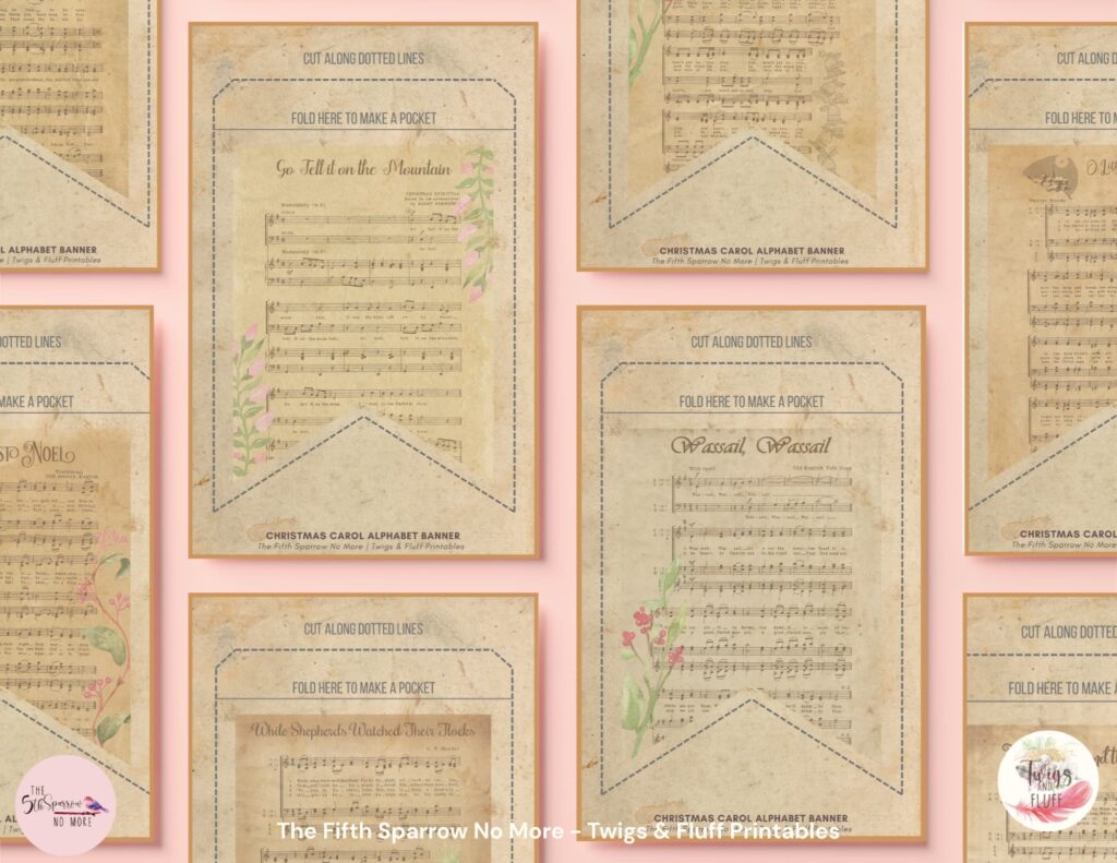 Printable Christmas Carol alphabet banner with pocket pennants featuring Christmas hymn sheet music, botanical artwork, letters A-Z, numbers, and punctuation.