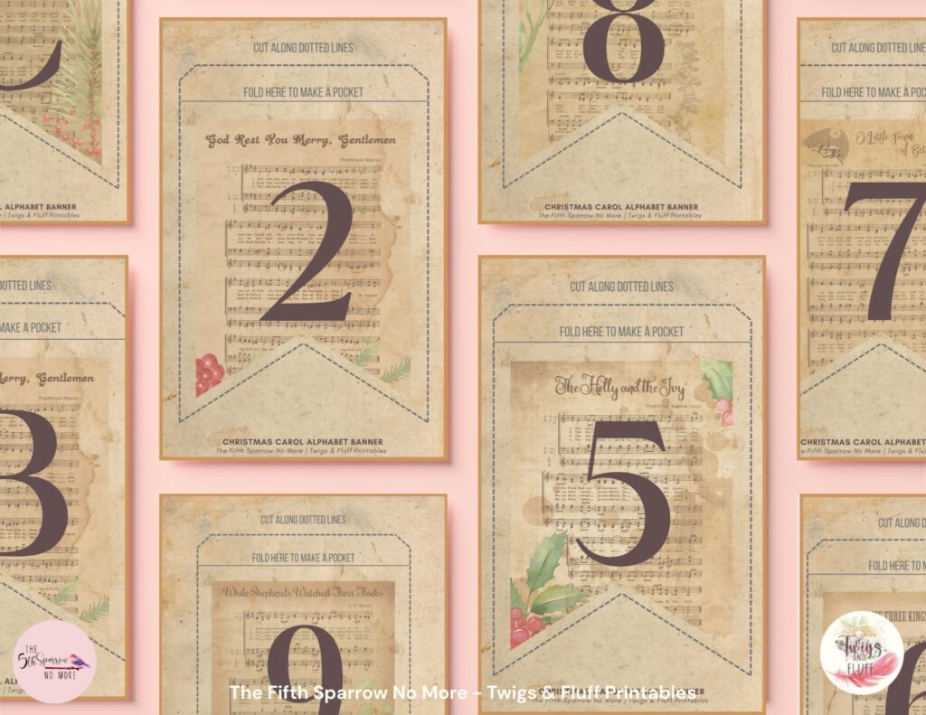 Printable Christmas Carol alphabet banner with pocket pennants featuring Christmas hymn sheet music, botanical artwork, letters A-Z, numbers, and punctuation.