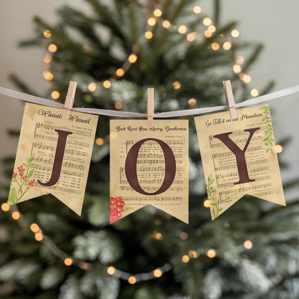 Printable Christmas Carol alphabet banner with pocket pennants featuring Christmas hymn sheet music, botanical artwork, letters A-Z, numbers, and punctuation.
