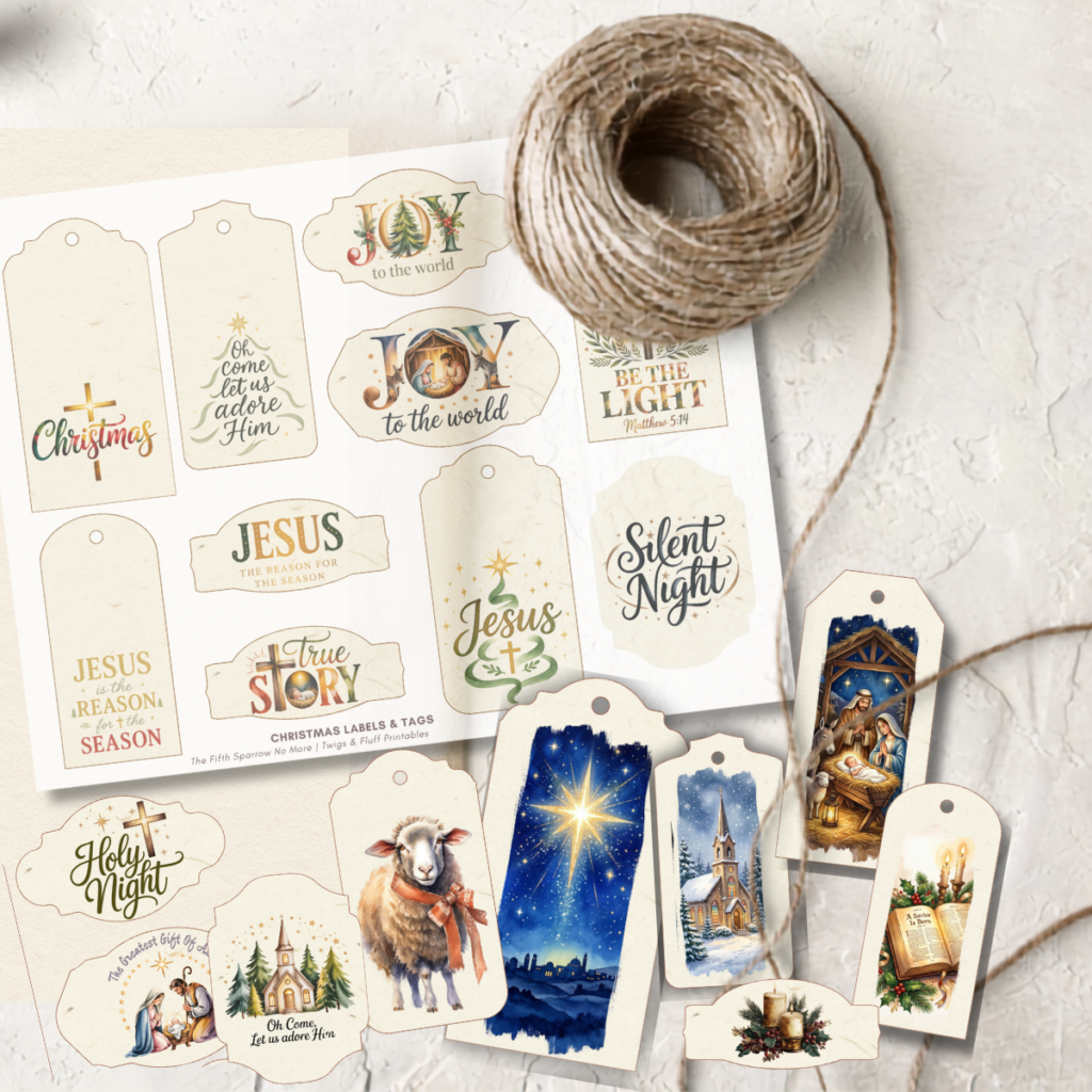 Religious Christmas printable gift tag set with nativity artwork, church illustrations, Christmas star, lamb, and holiday labels.
