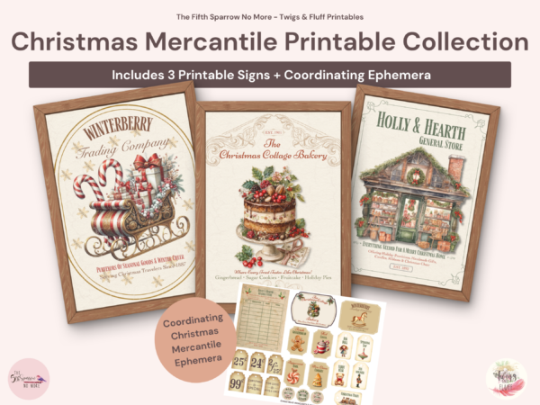 printable bundle featuring three charming mercantile signs and a coordinating Christmas ephemera sheet. Perfect for holiday decorating, junk journals, card making, gift wrapping, and seasonal crafts. Instant digital download.