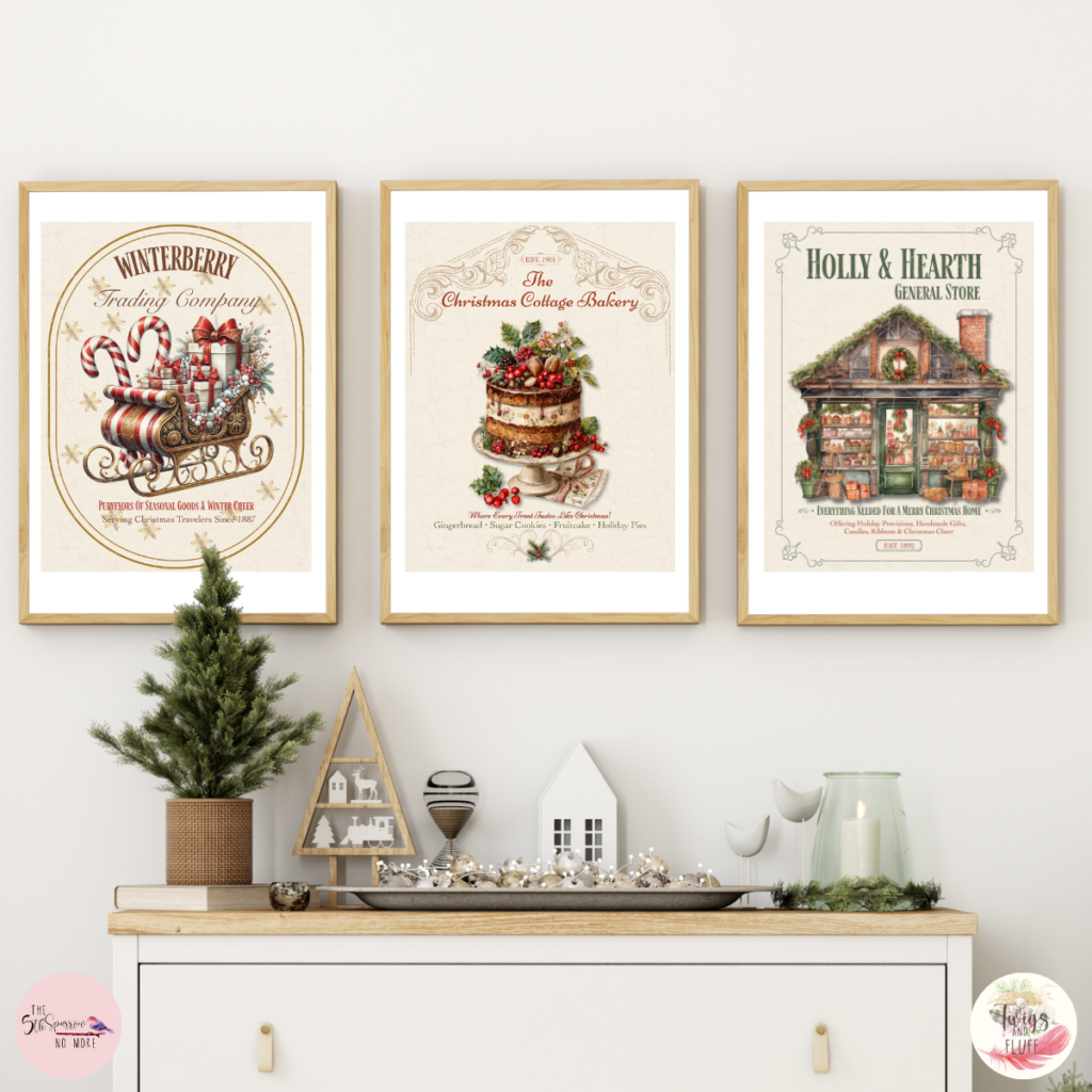 printable bundle featuring three charming mercantile signs and a coordinating Christmas ephemera sheet. Perfect for holiday decorating, junk journals, card making, gift wrapping, and seasonal crafts. Instant digital download.