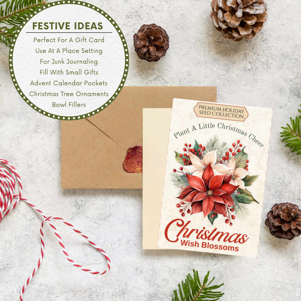 Vintage Christmas seed packet printable set featuring Candy Cane Mint, Christmas Wish Blossoms, North Pole Evergreen Seeds, Reindeer Meadow Clover, and Santa's Magic Snowflakes for holiday crafts and junk journals.